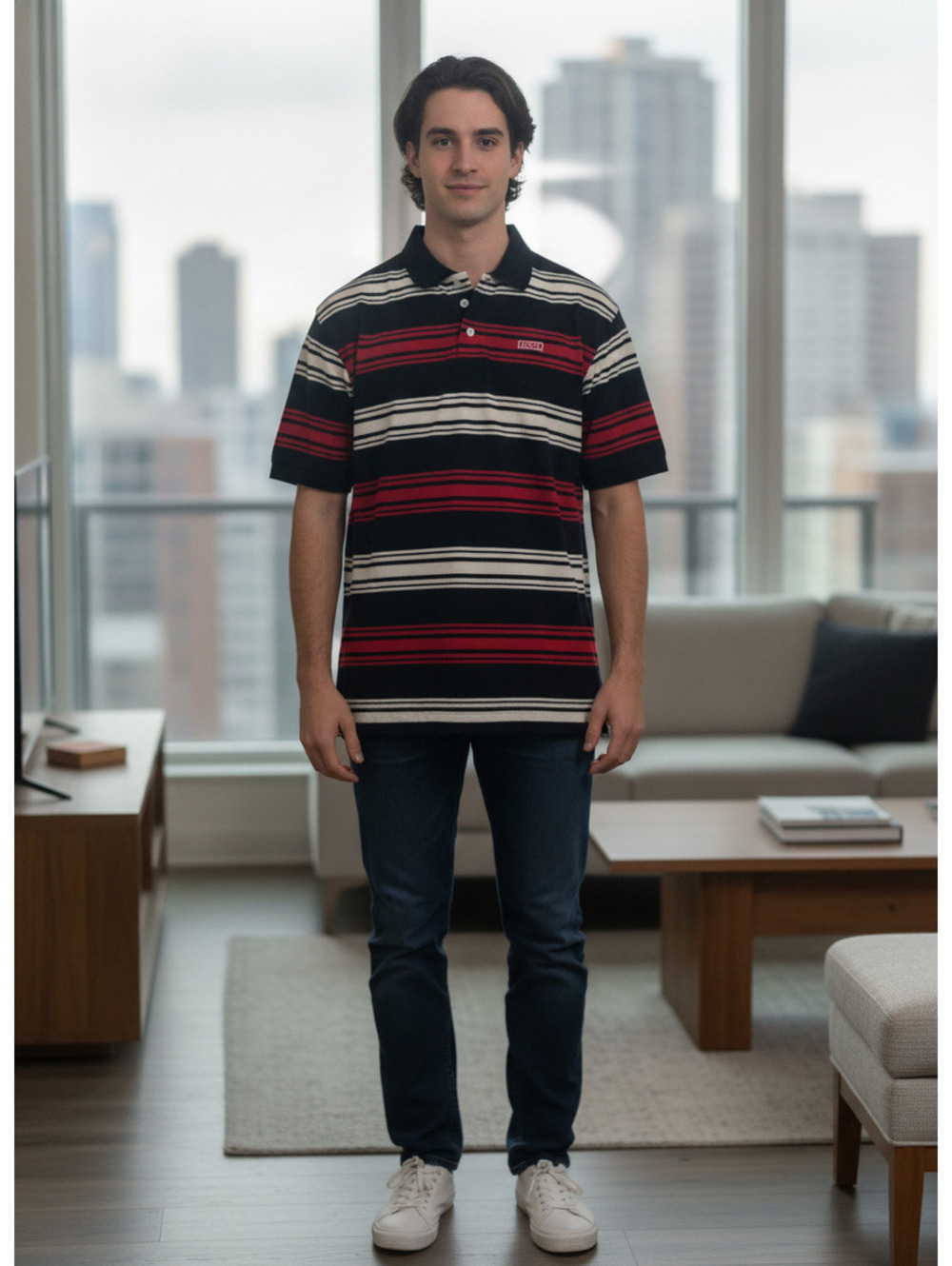 Avirex XXL Black, Red, and White Striped Polo Shirt